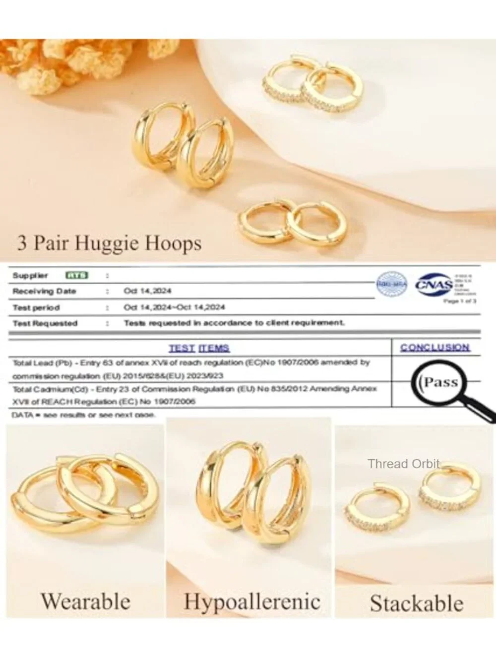 Sterling Silver Gold Plated Huggie Hoop Earrings Set 3 Pairs Hypoallergenic